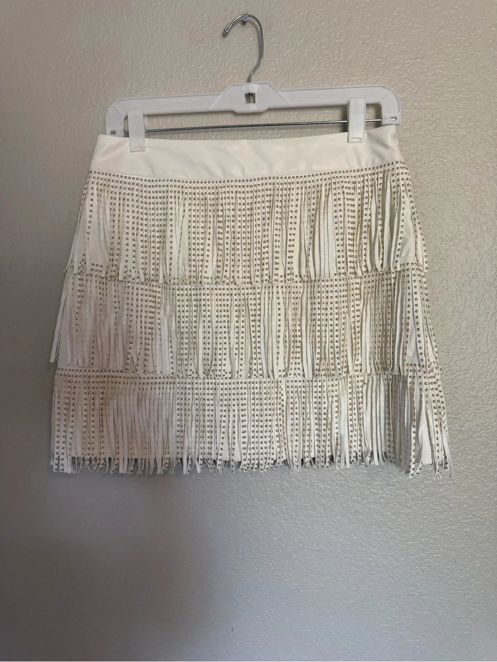 BlueB White Faux Leather Fringe Mini Skirt